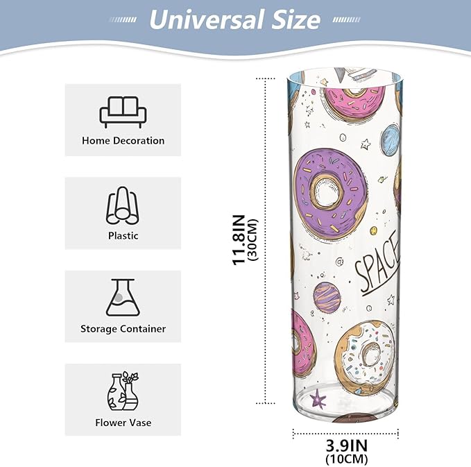 Flower Vase Clear Plastic Cylinder Vases Decor for Centerpieces Home Storage Office Weddings Donuts Space Planets Rockets 11.8 x 3.9 in