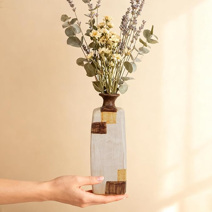 Ceramic Flower Vase Home Decor-8" Tall Vase for Centerpieces,Large Decorative Terracotta Vases, Farmhouse Rustic Pottery Vase for Home Decor Living Room, Table,Shelf or Mantel(Square)