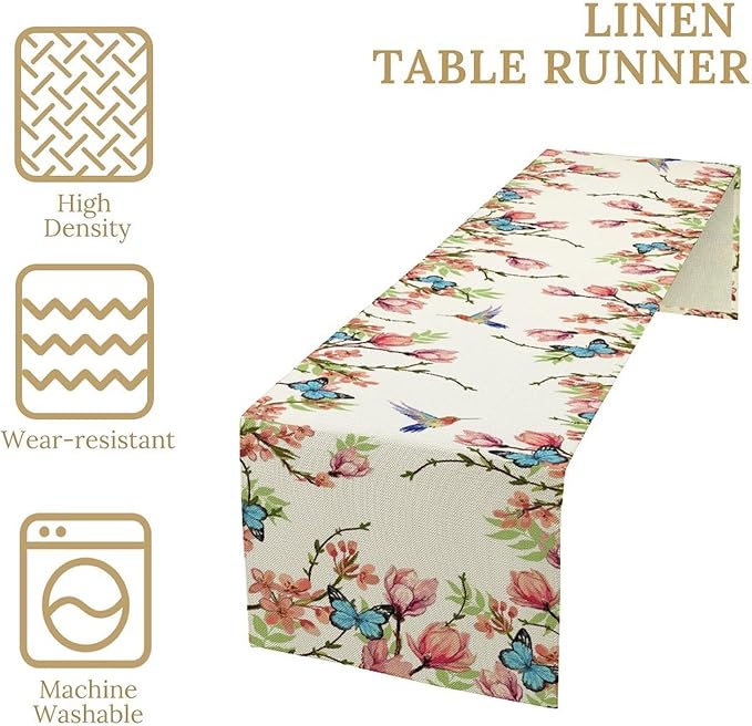 Floral Butterfly Table Runner Seasonal Spring Flower Bird Table Decoration Table Runner for Home Party Decoration 13x90 Inch