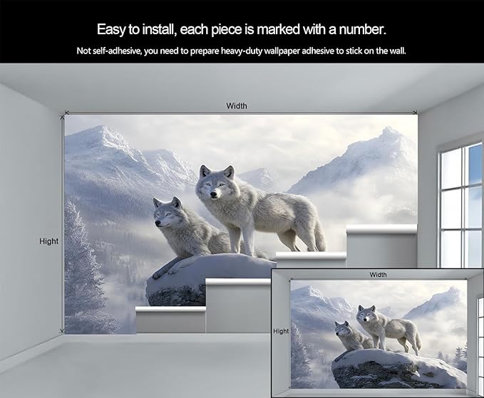 Arctic Wolves Wall Mural, Snow Wolves in Mountain 3D Wall Murals, Winter Wild Animal Wallpaper Mural, for Living Room Bedroom Large Wallpaper Indoor Decor 177.16" W x120 H