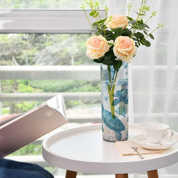 Flower Vase Clear Plastic Cylinder Vases Decor for Centerpieces Home Storage Office Weddings Blue Turtles Shells and Jellyfish 11.8 x 3.9 in