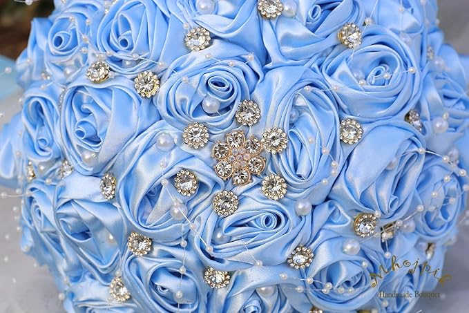 Bridal Wedding Bouquet Round Bling Brooch Bouquet Throw Toss Artificial Rose Flower Bunch for Bride Bridesmaid Wedding Quinceanera(Light Blue, 6.3")