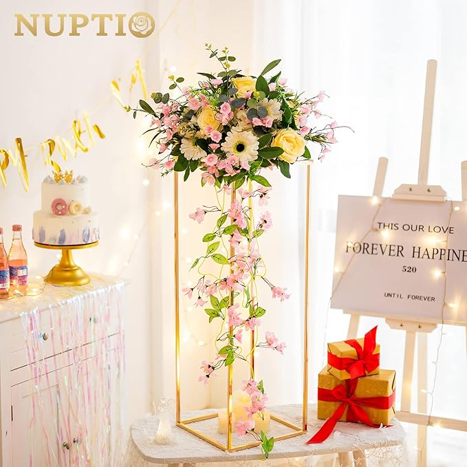 NUPTIO Metal Gold Vase Set for Wedding - 10 Pcs 31.5 inch Tall Cylinder & Square Vases for Centerpieces - Elegant Flower Stand for Party Tables Decorations