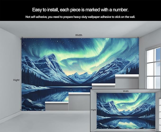 Northern Lights Mountain Wall Mural, Aurora Borealis Lake 3D Wall Murals, Snowy Peaks Starry Sky Wallpaper Mural, for Living Room Bedroom Large Wallpaper Indoor Decor 177.16" W x120 H