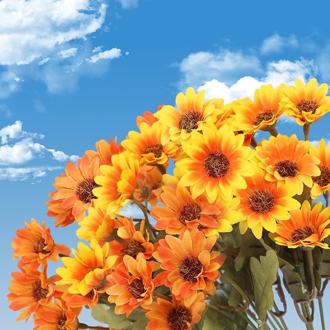 Artificial Mums, Artificial Sunset Mums, Artificial Outdoor Sunset Mum-s Flowers - UV Resistant, Waterproof, Windproof, Reflecting Autumn Vibe (Orange - 5 Bundle)