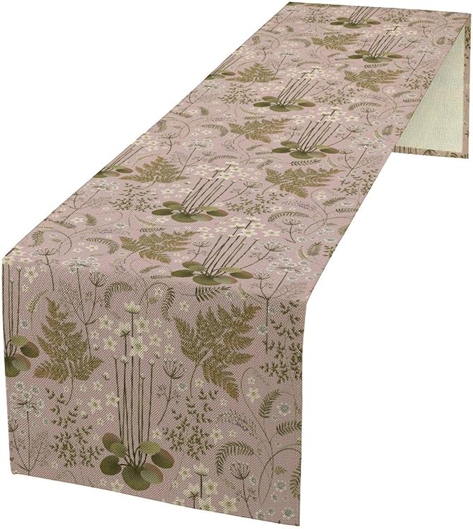 Spring Floral Table Runner, Rustic Retro Field Herbal Plant Purple Pink Wildflower Country Natural Floral Fern Print Table Cover for Indoor Outdoor Dinner Party Decor, 13x70inch