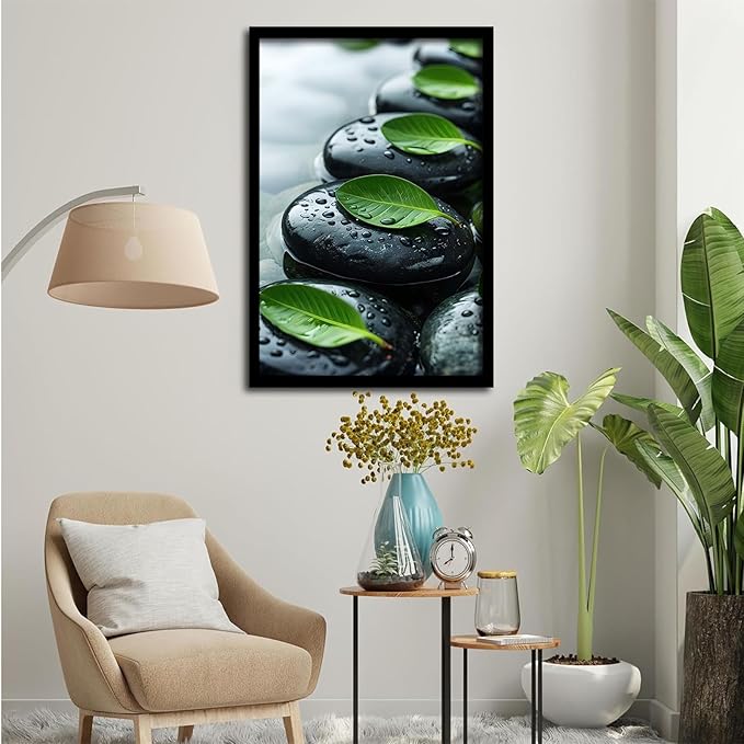 Glittering black stone cluster with fresh green leaves and water drops poster tranquil mist rain wall art zen wall art suitable for modern minimalist home decor 12x18in Metal blackFramed