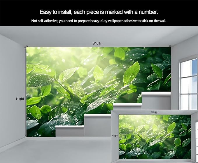 Dewdrops Green Leaf Wall Mural, Botanical Forest Sunlight 3D Wall Murals, Refreshing Nature Wallpaper Mural, for Living Room Bedroom Large Wallpaper Indoor Decor 78.7" W x55.1 H