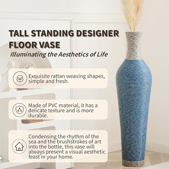 39-Inch Tall Vintage Floor Vase - Premium PVC Rattan Weave, Large Blue and White Striped Standing Vase, Flower Holder for Home Decor (Blue)