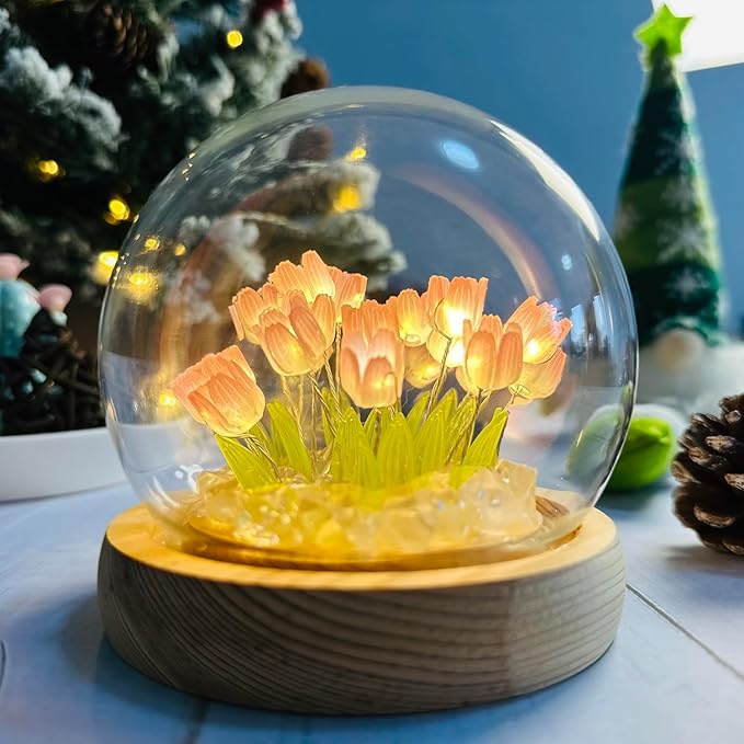(20 Flower) Birthday Gifts for Mom, Tulip Lamp Night Light with Glass Dome,Handmade Artificial Flower Table Lamp Bedroom Desk Decoration for Women Daughter Girlfriend Christmas Holiday Gift