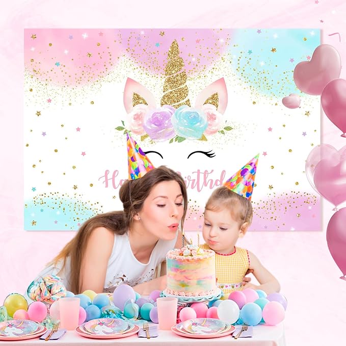 Mocsicka Unicorn Birthday Decorations Backdrop for Girls Party 5x3ft Pastel Rainbow Glitter Stars Dots Happy Birthday Banner Photo Booth Props