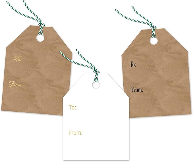 Pro Supply Global 24 Count of 2.5 Inch x 3 Inch Pre Strung Christmas Fir Trees Gift Tag Assorted Printed Designs on Large Cardstock Gift Hang Tags - Ideal to Use on Bags