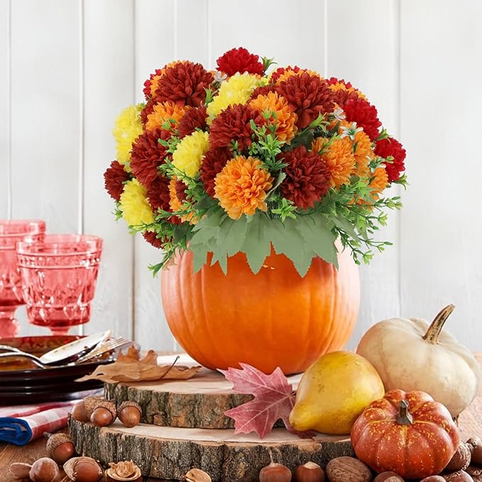 12 Pack with 84 Flower Heads Artificial Chrysanthemum Flowers, Fall Floral Decor for Indoor Outdoor, Porch, Patio, Front Yard, Planters