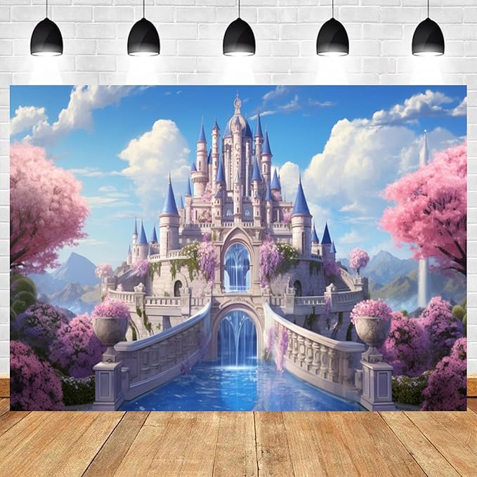 12x6ft Princess Castle Backdrop Pink Floral Blue Sky Photography Background White Cloud Forest Mountain Girls Birthday Baby Shower Banner Decorations Wedding Party Portrait Photo Booth Prop