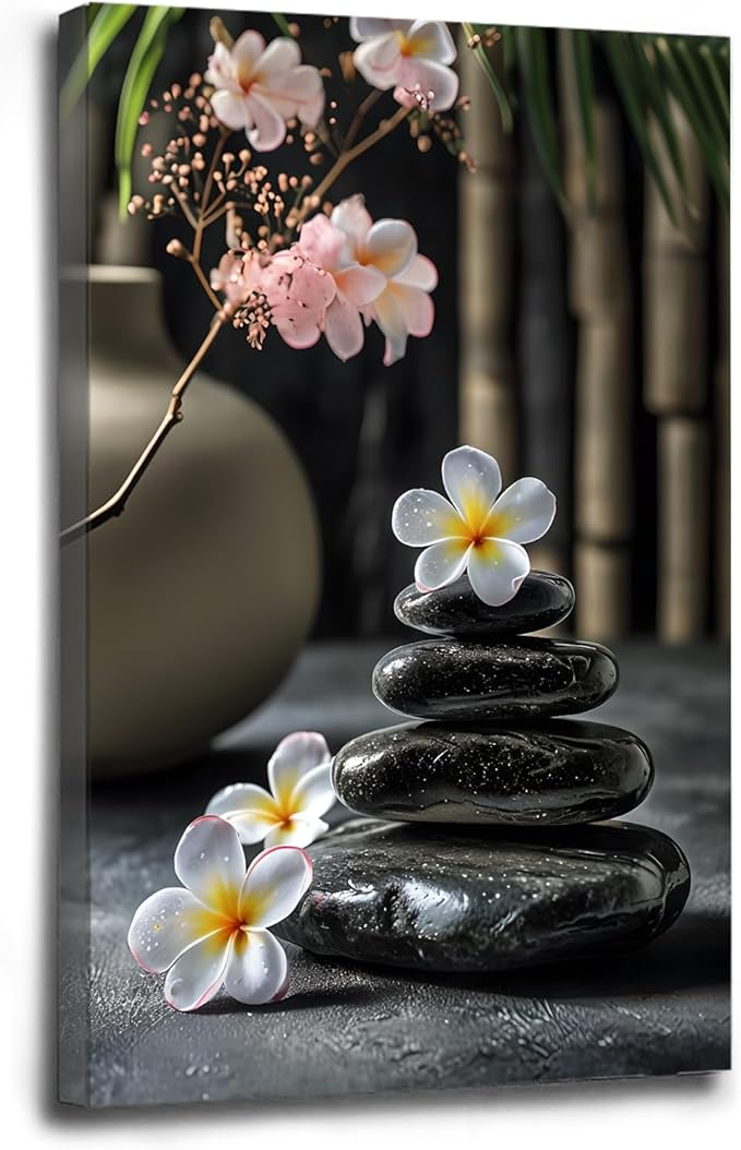 A harmonious black stone stack paired with white and pink flowers bamboo and ceramic vases creates a tranquil Zen decor for minimalist homes and mindful spaces 28x40in Wood Framed