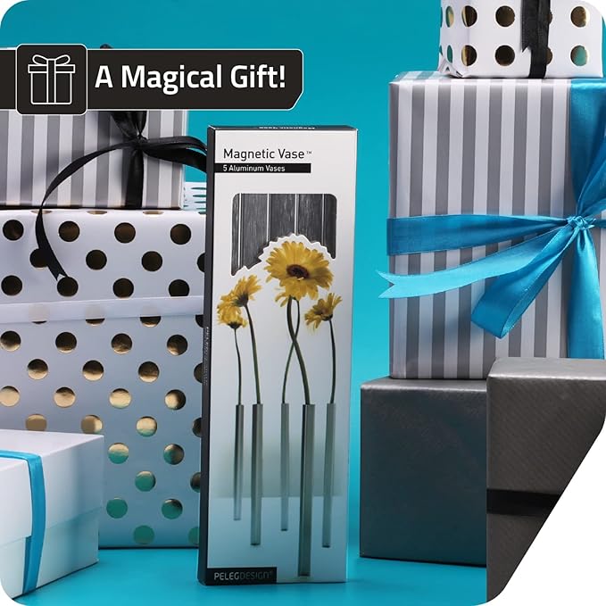 PELEG DESIGN Magnetic Flower Vase - Unique and Modern Set of 5 Silver Aluminum Vases for Home Garden Décor | 9.4 x 0.6 x 0.6 inches | Suitable for Both Real and Artificial Flowers