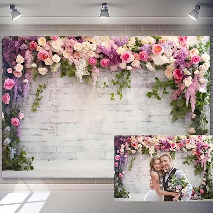 10x8ft Retro White Brick Wall Floral Backdrop Romantic Roses Vine Leaves Photography Background Girls Birthday Party Wedding Bridal Shower Flowers Brick Wall Decoration Supplies Photo Booth Props