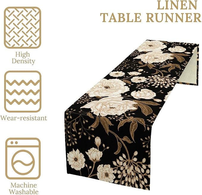 Black Gold Floral Table Runner, Retro Peony Rose Flowers Oriental Style Gothic Garden Print Table Runner for Farmhouse Kitchen Indoor Outdoor Decoration, 13x90inch