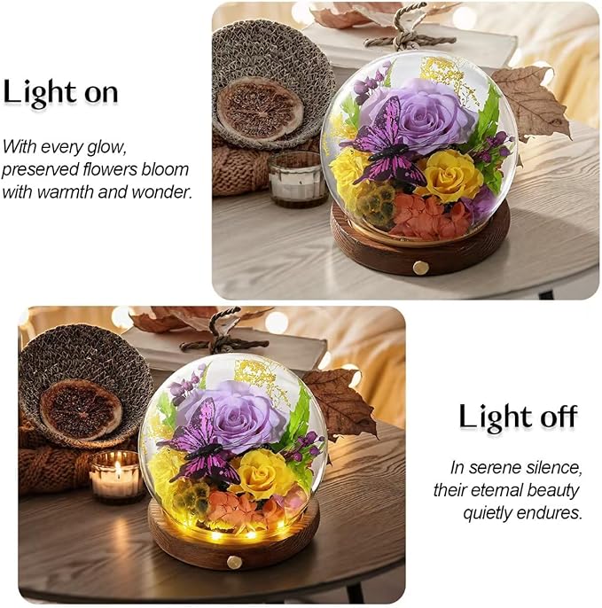 Preserved Rose, LED Forever Flowers in Glass Dome, Eternal Flowe for Women, Birthday Gifts for Mom Friend, Includes Greeting Card & Luxury Gift Box (Purple)