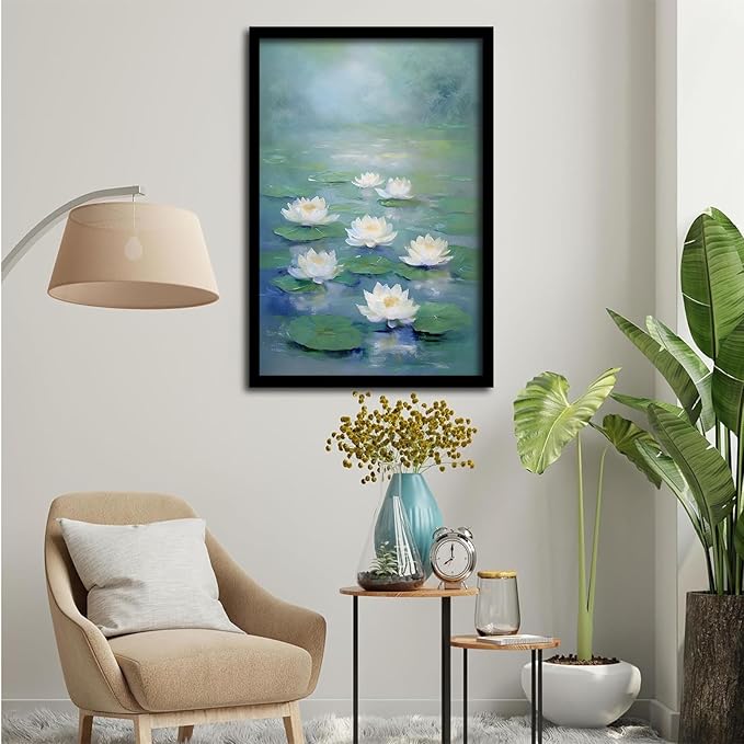 Zen wall art Delicate white lotus flower floating on calm water Vintage oil painting print Serene aquatic wall art creates a tranquil home decor 20x30in Metal blackFramed