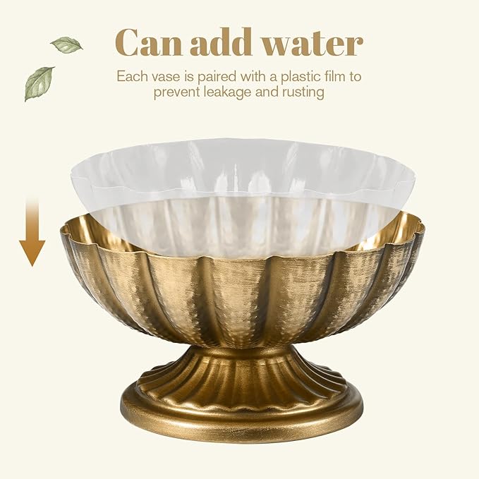 Set of 4, 7'' Wide 3.94'' High Distressed Gold Compote Pedestal Vases, Vintage Antique Urn Gold vases for Centerpieces, Metal Compote Bowl Vase for Wedding Centerpieces