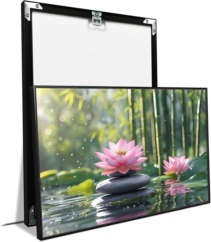 Ethereal pink lotus on obsidian Sunlit bamboo forest with sparkling water drops Poetic nature inspired wall art for tranquil homes and mindful spaces 24x36in Metal blackFramed