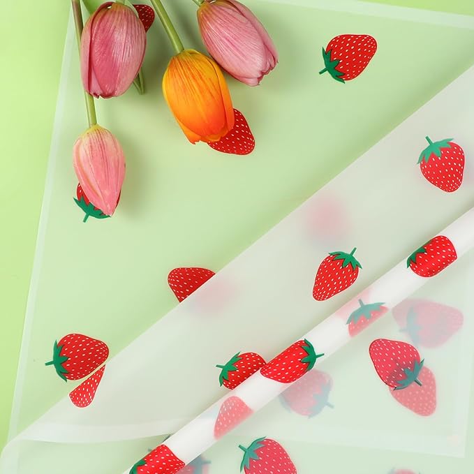 Liobelon 20 Sheets Flower Wrapping Paper Waterproof Bouquet Paper with Strawberry Pattern White Gift Wrapping Paper for Flower Shop, Wedding, Birthday Party, Handmade DIY, Anniversary 22.8 x 22.8Inch