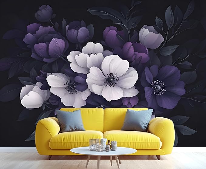 Dark Peony Floral Wall Mural, Purple and Black Flower 3D Wall Murals, Luxury Botanical Wallpaper Mural, for Living Room Bedroom Large Wallpaper Indoor Decor 157.5" W x110.3 H