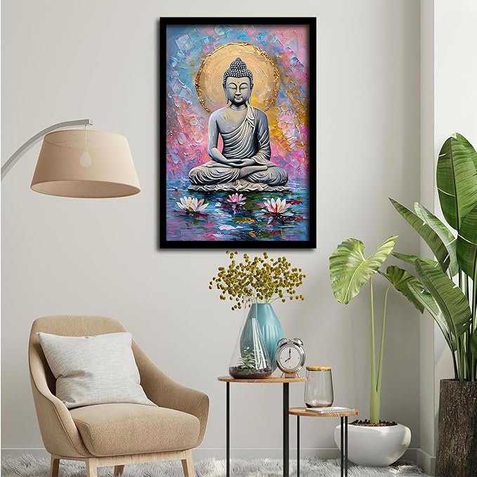 Lotus and golden Buddha meditation tranquil zen wall art mindfulness wall art for spiritual harmony and tranquility decor 8x12in Metal blackFramed