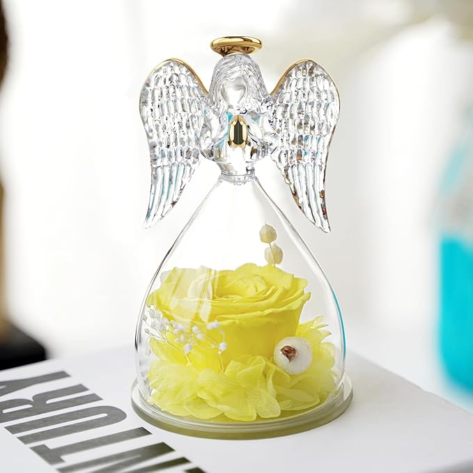 Yamonic Mom Birthday Gifts for Mom,Angel Figurines with Real Rose Gifts for Her Mom Grandma,Preserved Flowers Rose Angel Figurines for Mothers Day Christmas Anniversary Birthday Gifts for Wife(Yellow)