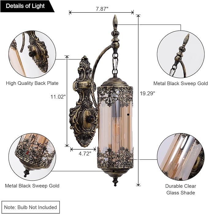 Antique Rustic Wall Sconce with Amber Glass Mini Vintage Gothic Wall Light Fixture Retro Farmhouse Mid Centry Lantern Wall Sconce for Bedroom, Hallway, Mirror, Bursh Gold, E12