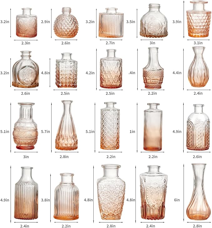 Glass Bud Vase Set of 60 - Small Vases for Flowers in Bulk - Assorted Vintage Crystal Vases for Flowers, Table Centerpieces (Amber, 60 Pcs)