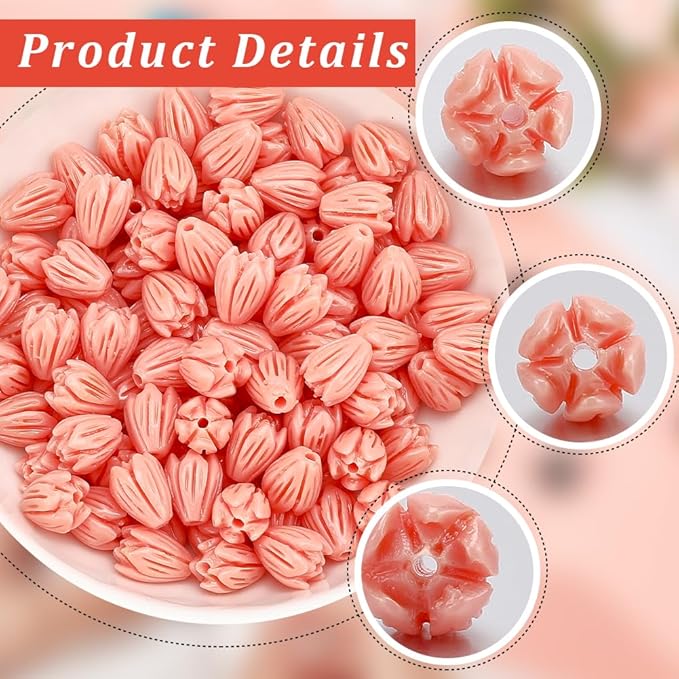1 Box 100Pcs Carved Coral Beads 8mm Flower Beads 3D Pink Jasmine Artificial Floral Dyed Synthetic Coral Small Smooth Loose Spacers Findings for Jewelry Making Bracelets Necklaces DIY Crafts