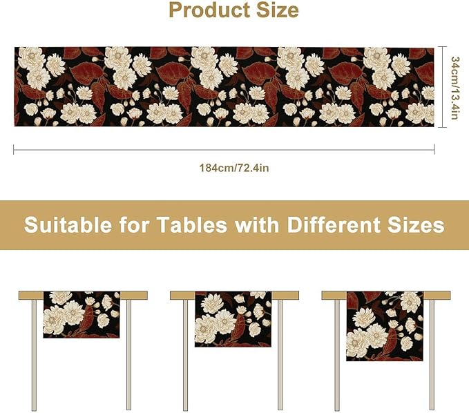Vintage Flowers Table Runner,Boho Red Gold Floral Plant Print Art Table Runner for Home Kitchen Table Dining Indoor Outdoor Party Decor 13x120 Inch
