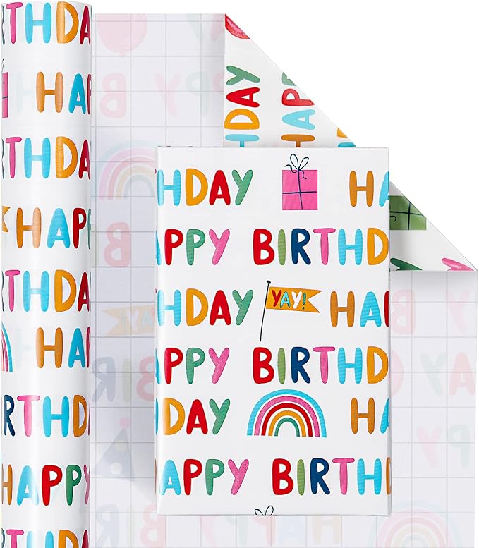 WRAPAHOLIC 30 Inch Birthday Wrapping Paper Roll - Happy Birthday Wrapping Paper for Holiday, Party, Baby Shower - 30 Inch x 33 Feet