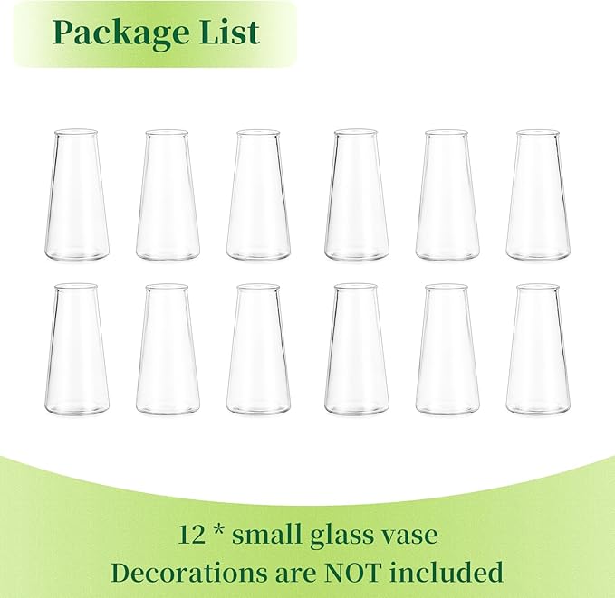Hewory Glass Bud Vases for Centerpieces: Small Clear Modern Flower Vase Set of 12, Minimalist Cute Mini Decorative Bulk Vases for Wedding Birthday Bridal Shower Party Events Dining Room Table Decor