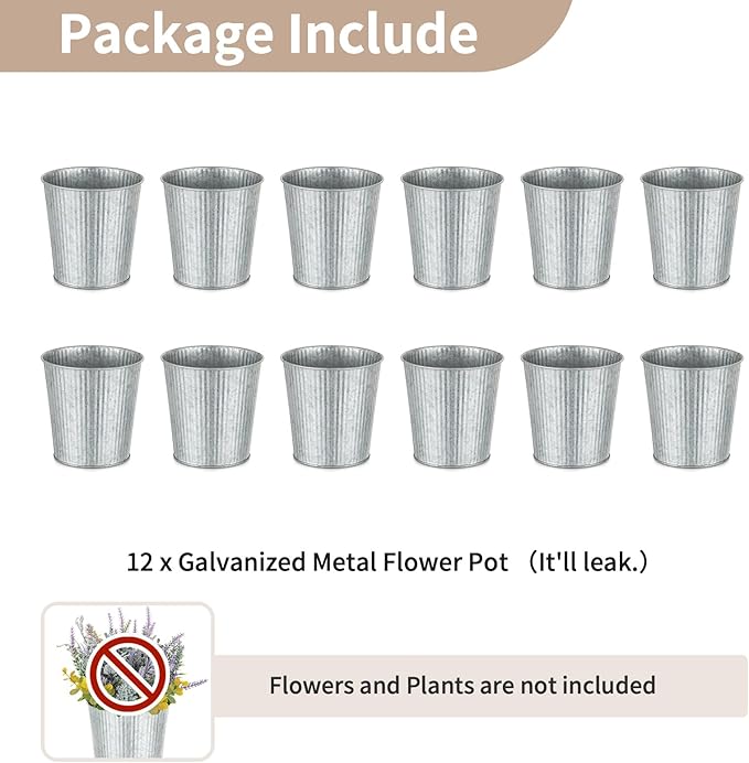 NUPTIO Rustic Galvanized Vases for Centerpiece: 12 Pcs 5" Small Ribbed Vases for Flowers Bulk Metal Bucket Planter Pots for Wedding Table Home Decor