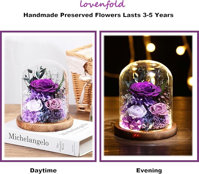 Flowers for Delivery Preserved Rose Gifts for Women,Long-Lasting Real Flowers in Glass Dome, Birthday Gifts for Women Mom Friend(Purple Rose)