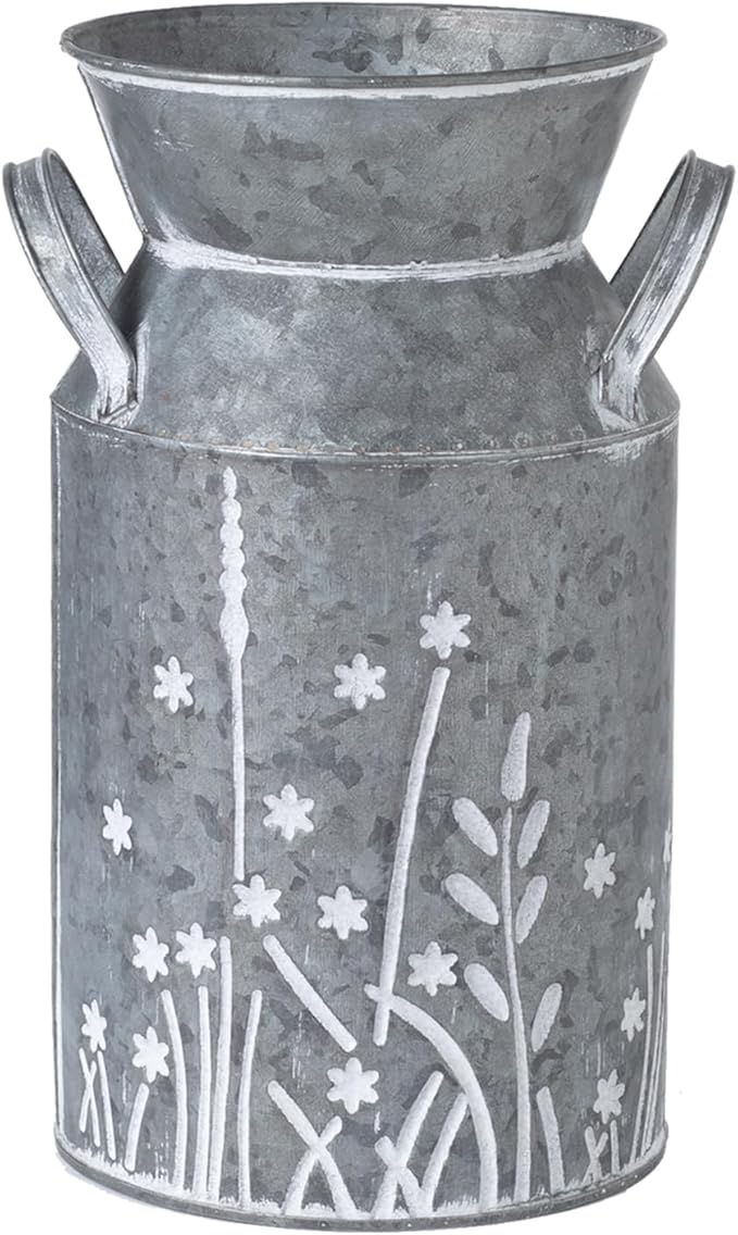 Vintage Galvanized Metal Milk Can, Farmhouse Rustic Flower Pitcher Vase, Decorative Floral Milk Jug Vase for Home Décor, 10.8’’H