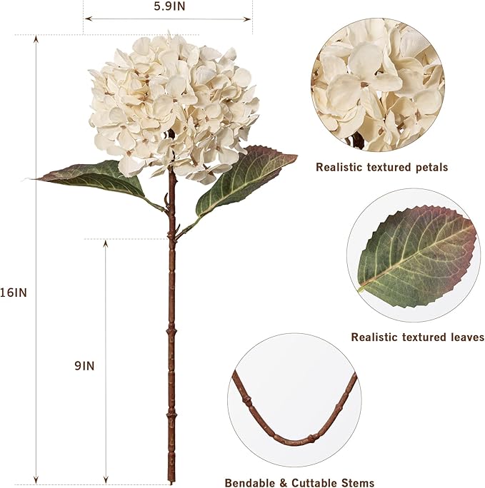 Artificial Flower Fake Silk Hydrangea Heads Bouquet with Stems Bulk for Fall Decoration Table Center Christmas Indoor Outdoor Faux Floral Realistic with Leaves Plants Crafts 8PCS(White)