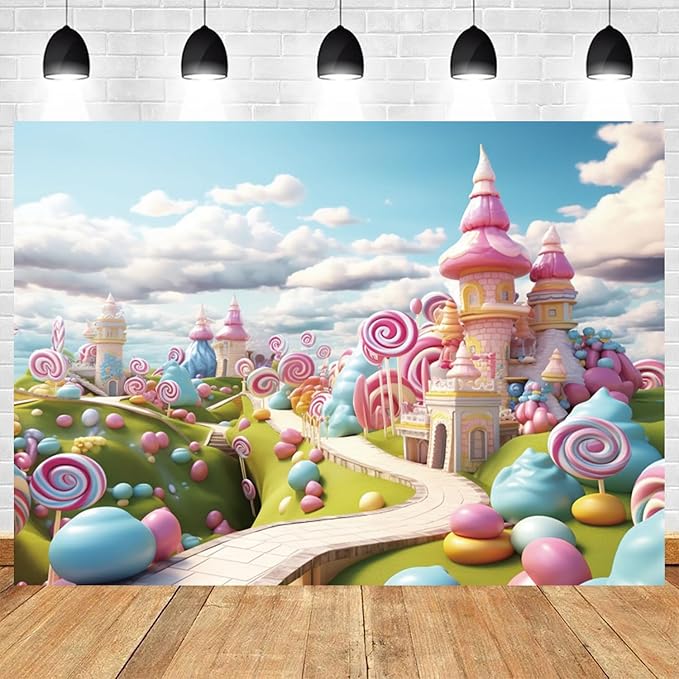 12x8ft Candyland Backdrop Fantasy Candy Castle Photography Background Sweet Lollipop Dream Blue Sky White Cloud Kids Birthday Banner Decorations Baby Shower Newborn Portrait Photo Booth Prop