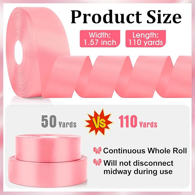 XSEINO 110 Yards Ribbon,1 1/2 Inch Pink Satin Ribbon for Flower Bouquet, Gift Wrapping, Ribbons for Crafts, Hair Bows Making, Wedding Party Decoration, Sewing, Invitation Cards, Christmas, Wreath