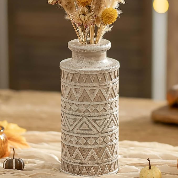 Hanobe Boho Vases Home Decor: Rustic Farmhouse Wood Vase for Living Room Kitchen Dining Table Centerpiece Aesthetic Carved Patterns Fall Decorations Bathroom Bedroom Office Accents
