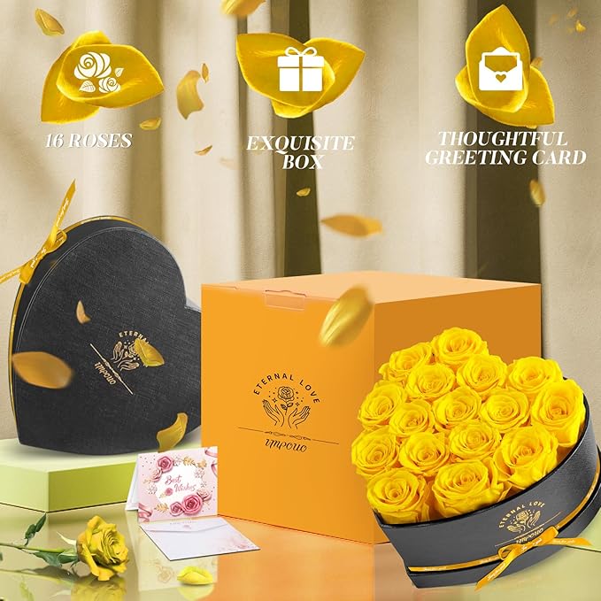 16-Piece Forever Flowers Heart Shape Box - Preserved Roses, Birthday Gifts For Women- Flower Delivery Prime, Valentines, Anniversary, Wedding Gifts- Yellow Roses