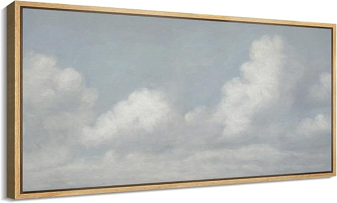 SIGNFORD Extra Large Framed Canvas Print Wall Art Blue Sky with Fluffy Clouds Tranquil Minimal Sky Scene Illustrations Modern Art Relax/Calm Warm for Living Room, Bedroom, Office - 60"x30"