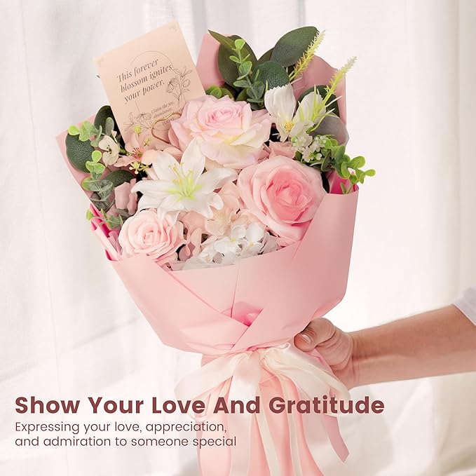 TINGE TIME Aritifical Flowers Bouquet, Pink Roses Gift Bouquet, Birthday Gifts for Women, Eternal Roses Bouquet for Grandma Wife Anniversary (PeachPink&White)