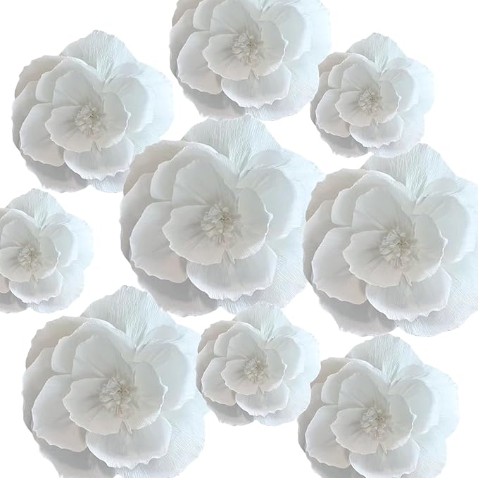 BRT Bearingshui Crepe Paper Flowers Decoration for Wall Total 9 Pcs, Artificial Flowers for Wedding Decor,Flower Backdrop Decor, Baby Bridal Shower Birthday Party, White 3D Wall Flowers Decor