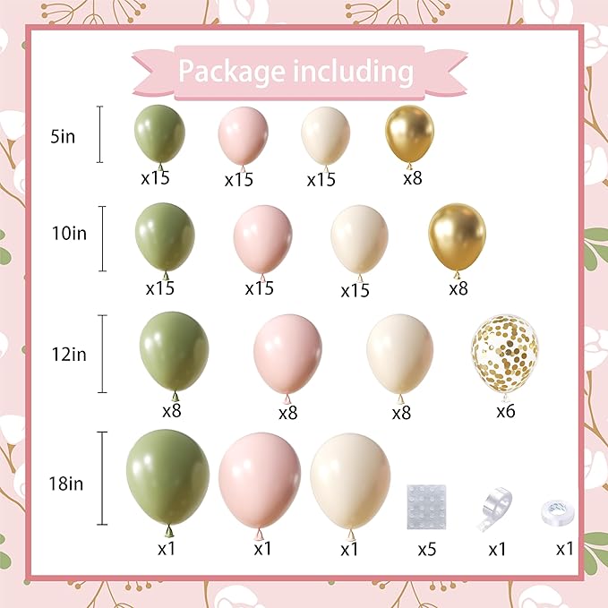Avocado Green Pink Balloon Arch Kit, 146Pcs Pastel Pink White Sand Retro Avocado Green Gold Confetti Balloons for Baby Bridal Shower Wedding Engagement Birthday Party Decorations