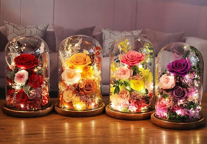 Flowers for Delivery Preserved Flowers Rose in Glass Dome,Purple Rose Forever Flowers Birthday Gifts for Women Mom Grandma Friend Gifts for Her,Home Decor