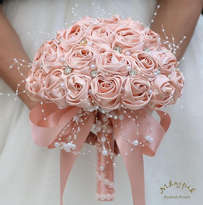 Bridal Wedding Bouquet Round Bling Brooch Bouquet Throw Toss Artificial Rose Flower Bunch for Bride Bridesmaid Wedding Quinceanera(Peach Pink, 8.7")